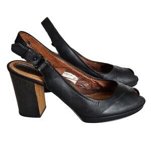 Fossil Black Leather Peep Toe Slingback Wooden Block Heels Women's Size 9.5 Work